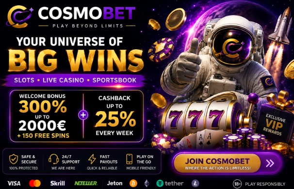Cosmobet casino welcome offer: 300% bonus up to 2,000 EUR plus 150 free spins, cashback up to 25% every week
