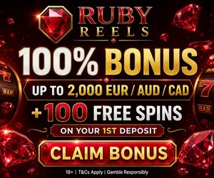 Ruby Reels casino welcome offer: 100% bonus up to 2,000 EUR/AUD/CAD plus 100 free spins on first deposit